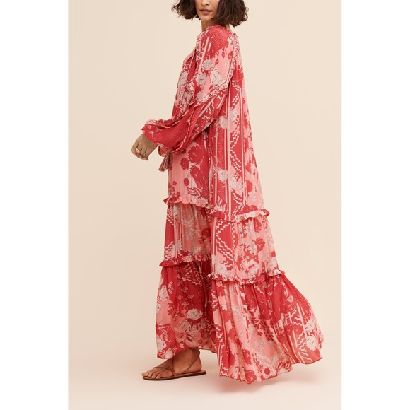 Chufy Dresses & Skirts - Chufy Paracas Caftan Dress S Red Pink Floral Tiered Maxi Boho Resort Luxury Vaca